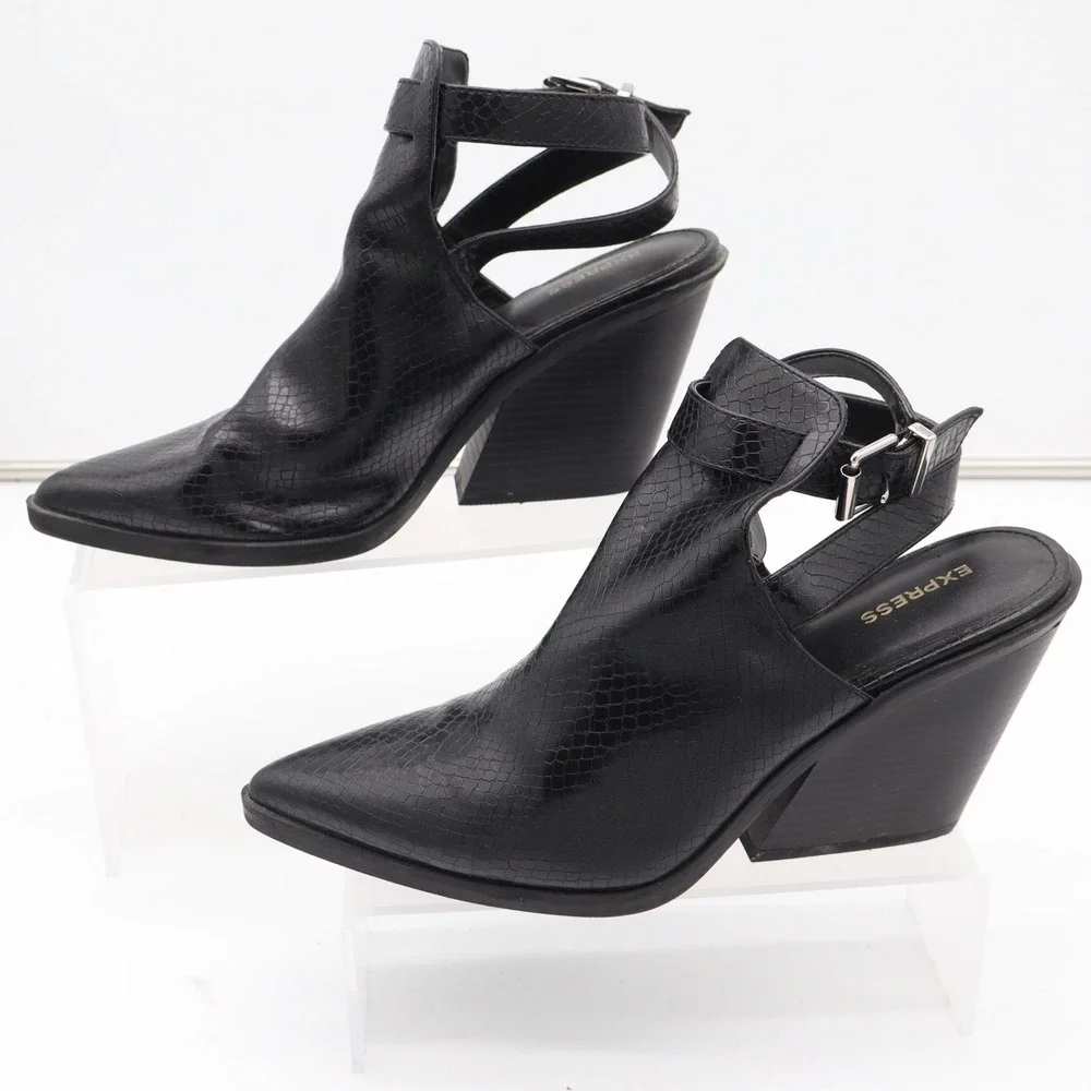 Express Black Snakeskin Embossed Cutout Block Heel Booties Pointed Toe Size 9